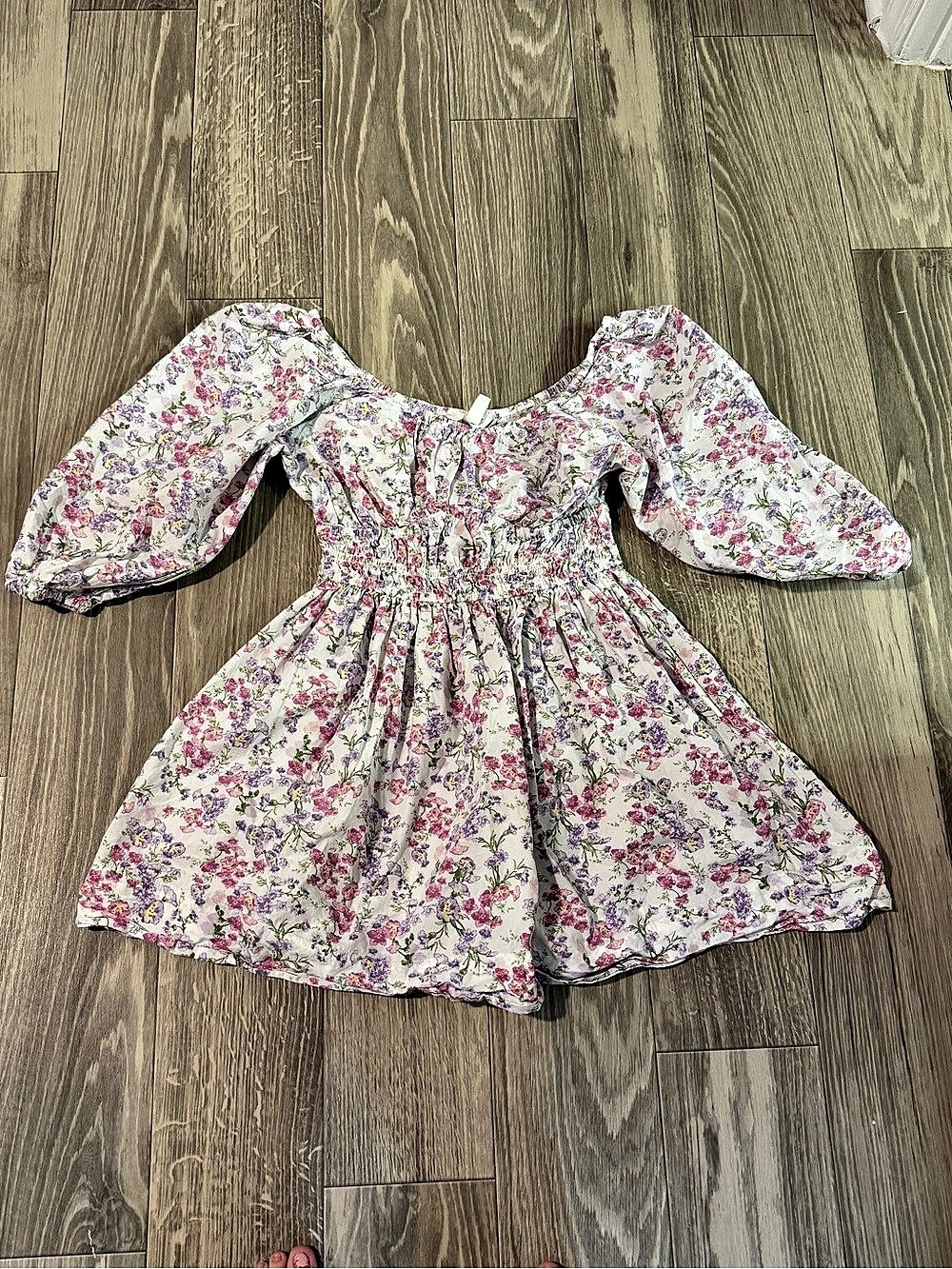 H&M Girls Floral Puff Sleeve Dress White & Pink 6-8Y